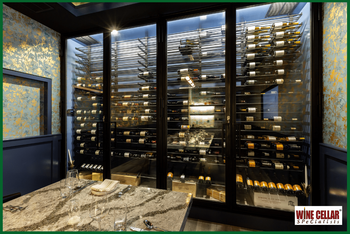 Sleek Glass Wine Wall with Metal Wine Racking Design